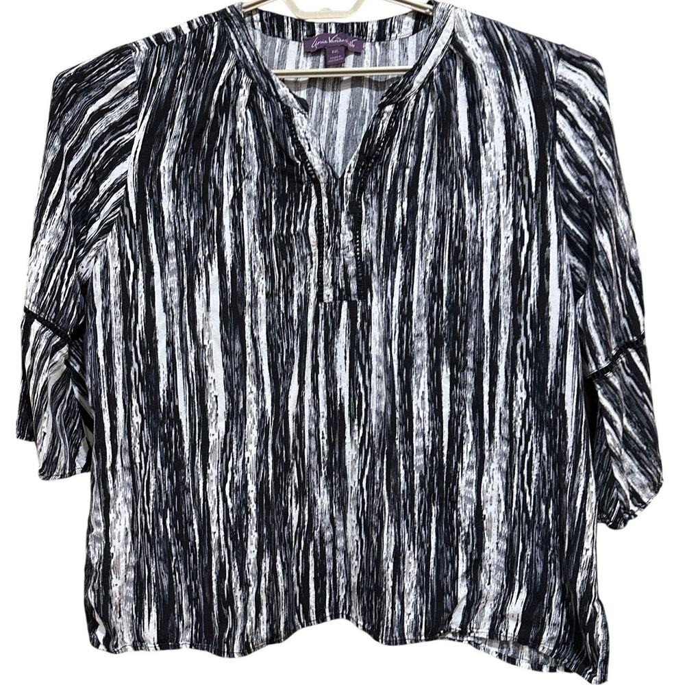 Gloria Vanderbilt Tunic Top XXL Black White Viscose Lightweight Flutter Sleeve